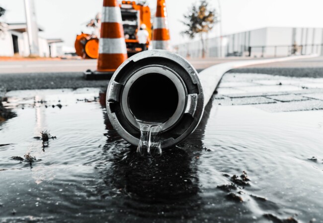 A selective closeup shot of a gray pipe with water coming out its hole
